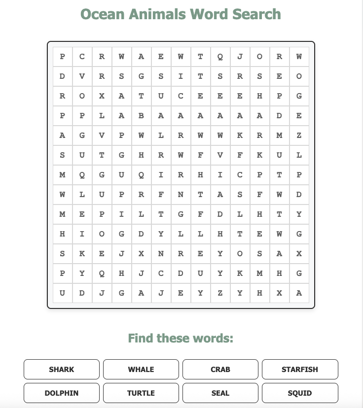 Example themed word search puzzle